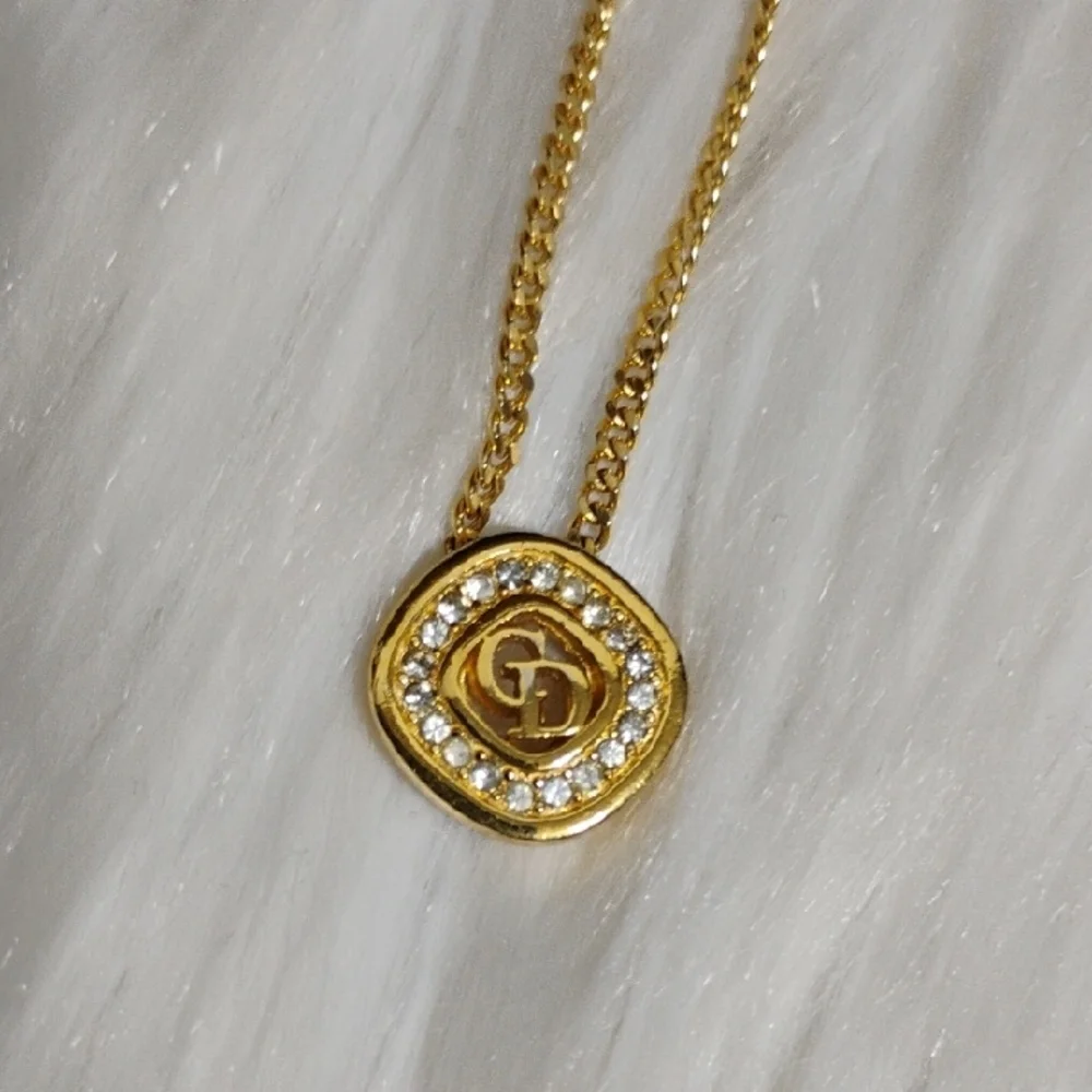 SALE! Authentic Dior CD Plated Gold W Crystal Details Pendant Necklace - Picture 2 of 15